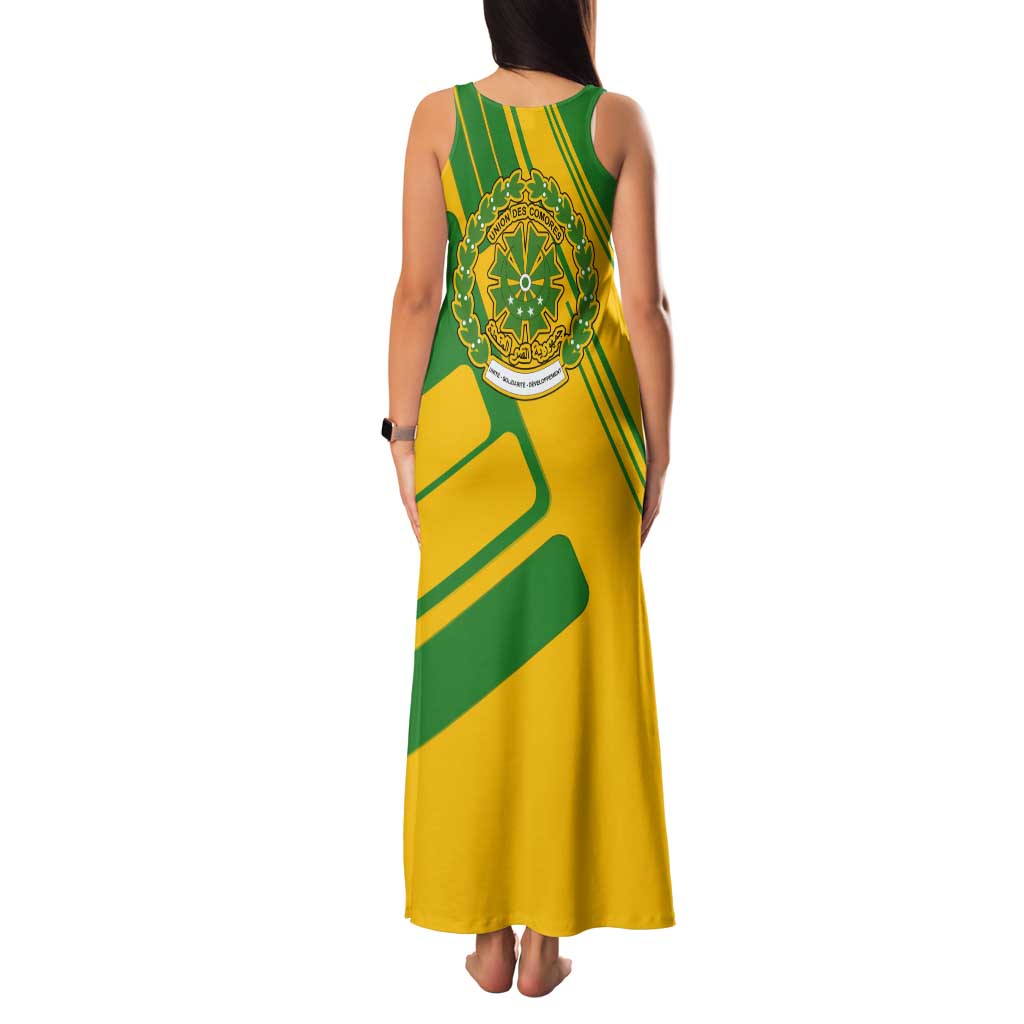 Comoros Flag Tank Maxi Dress with Green and Yellow Design and National Emblem