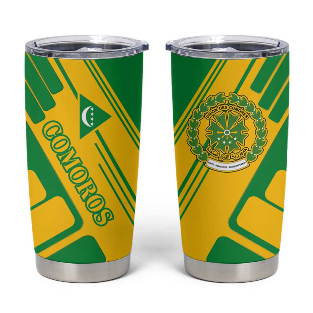 Comoros Flag Tumbler Cup with Green and Yellow Design and National Emblem