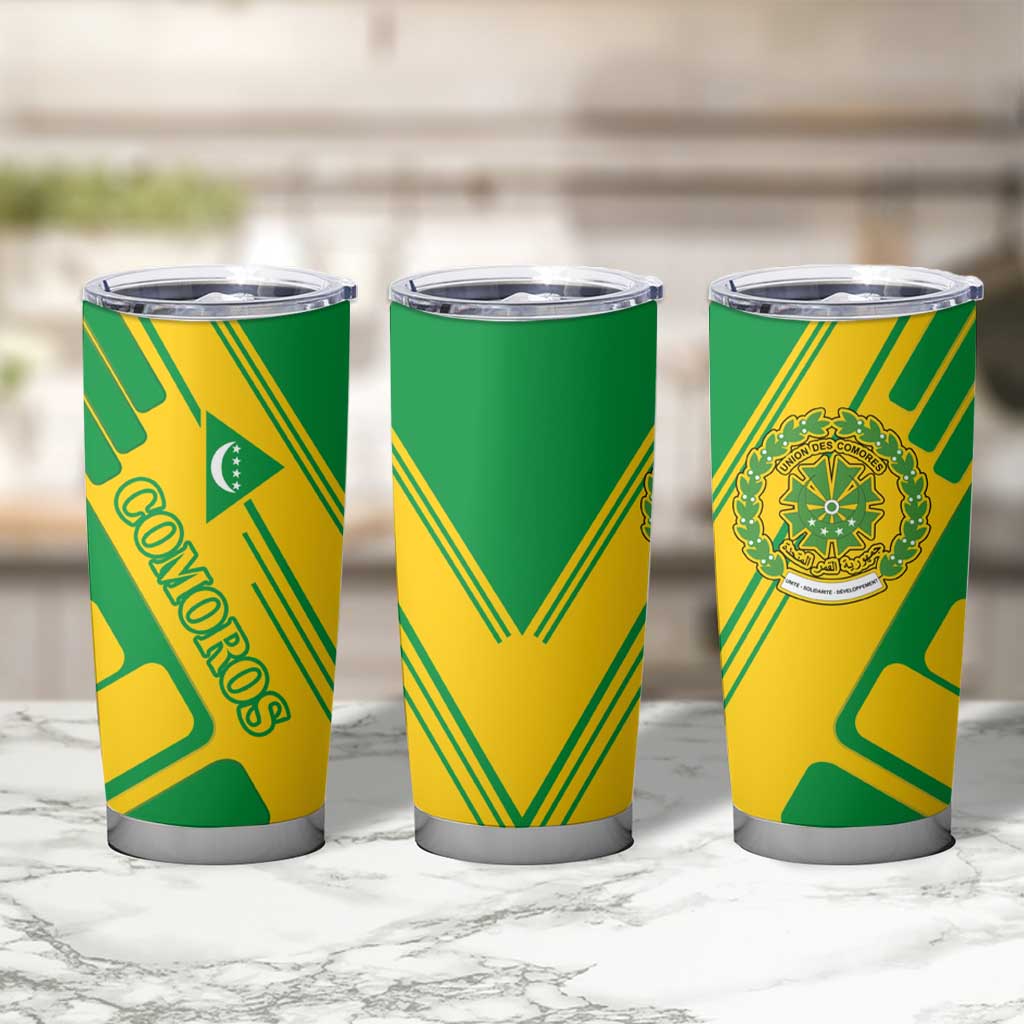 Comoros Flag Tumbler Cup with Green and Yellow Design and National Emblem