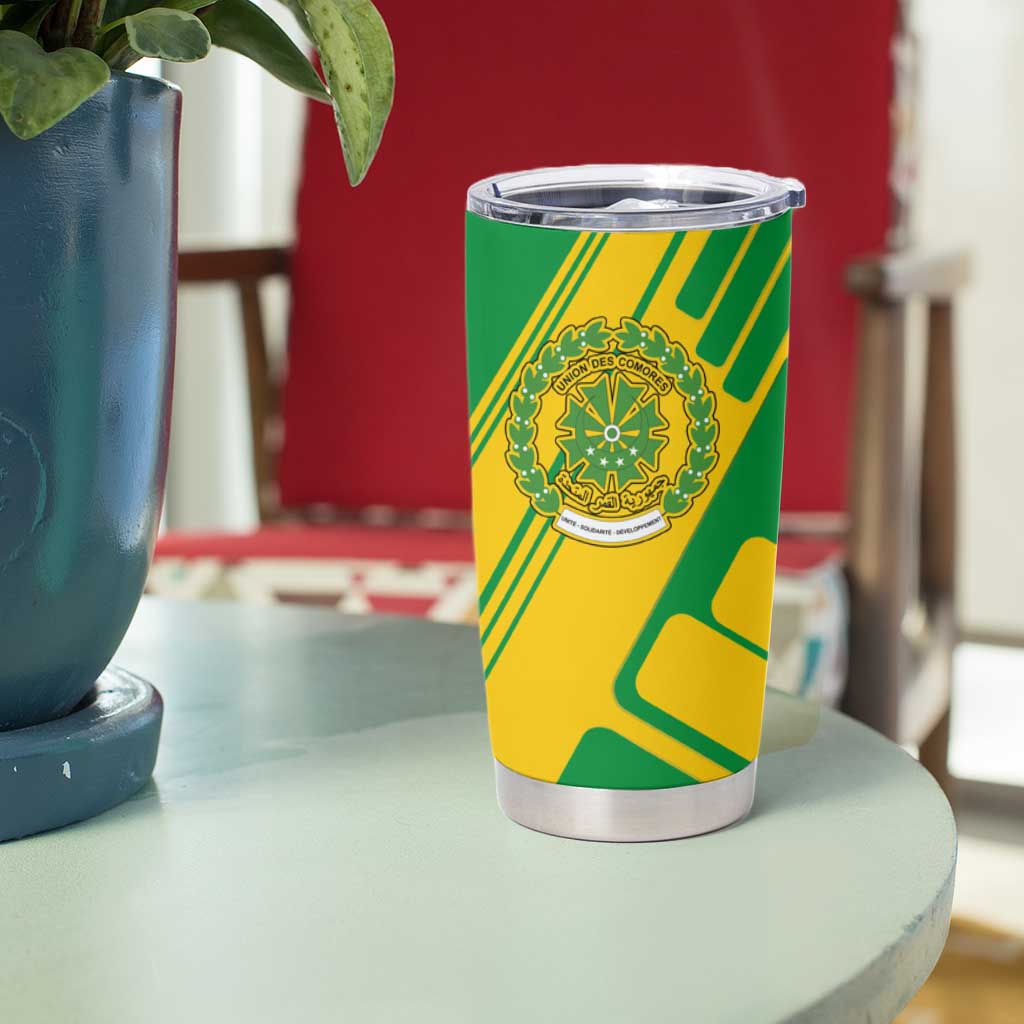 Comoros Flag Tumbler Cup with Green and Yellow Design and National Emblem