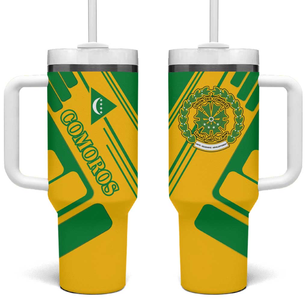 Comoros Flag Tumbler With Handle with Green and Yellow Design and National Emblem
