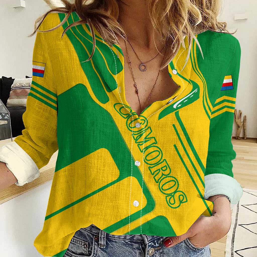 Comoros Flag Women Casual Shirt with Green and Yellow Design and National Emblem