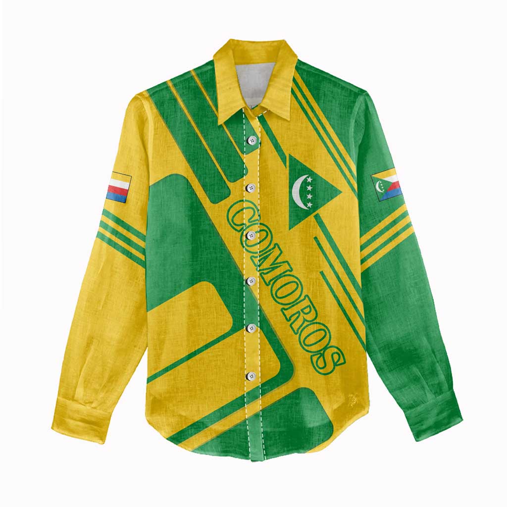 Comoros Flag Women Casual Shirt with Green and Yellow Design and National Emblem