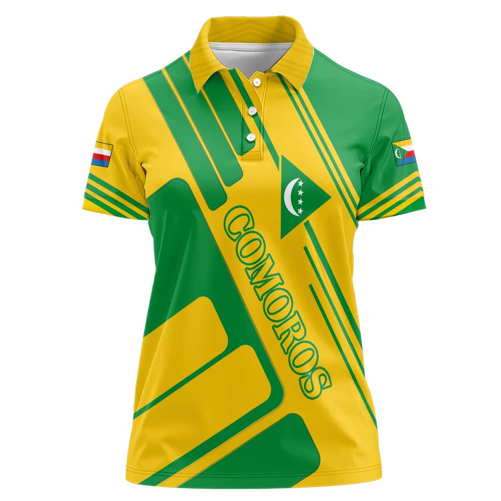 Comoros Flag Women Polo Shirt with Green and Yellow Design and National Emblem