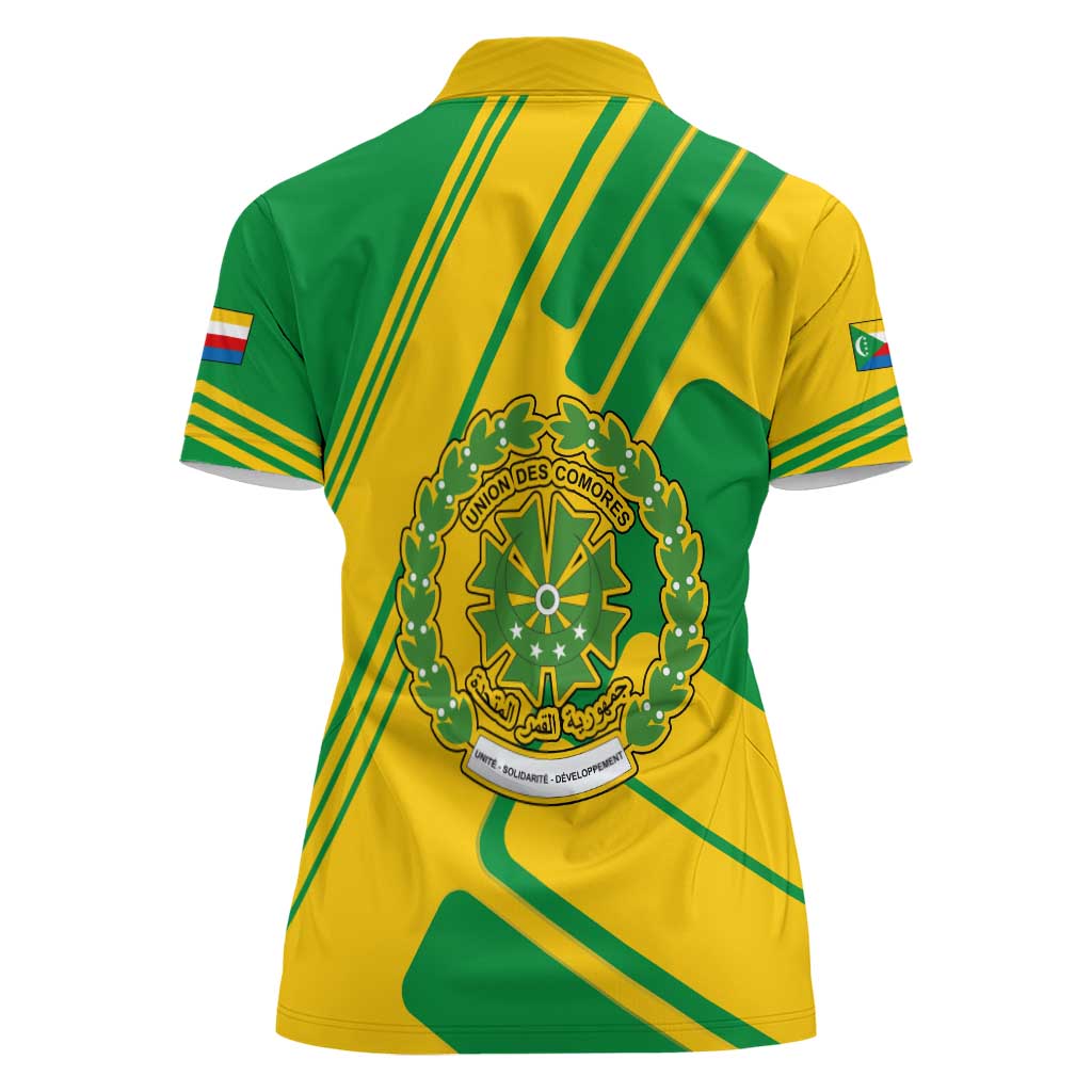 Comoros Flag Women Polo Shirt with Green and Yellow Design and National Emblem
