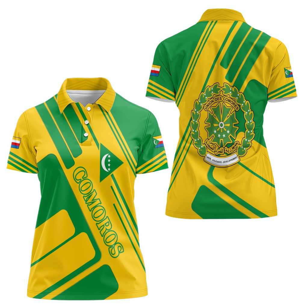 Comoros Flag Women Polo Shirt with Green and Yellow Design and National Emblem