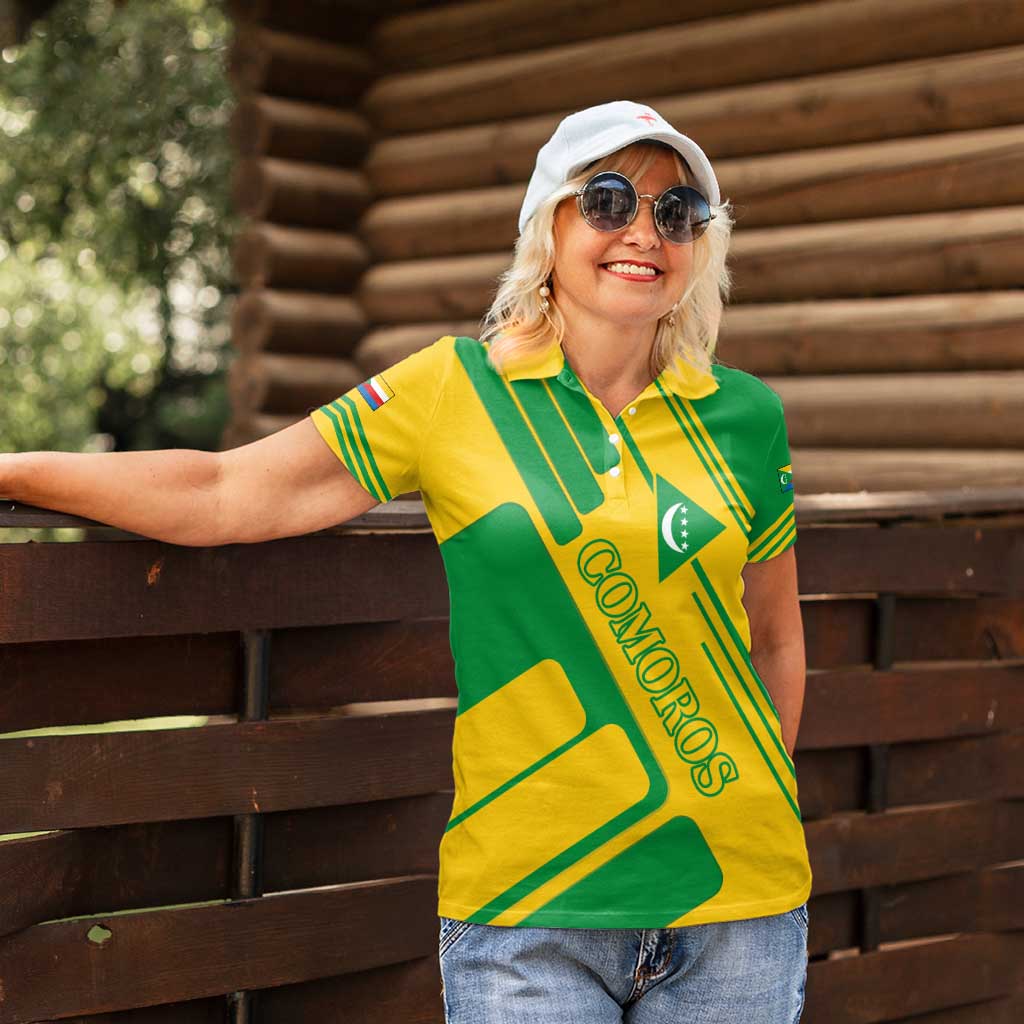 Comoros Flag Women Polo Shirt with Green and Yellow Design and National Emblem