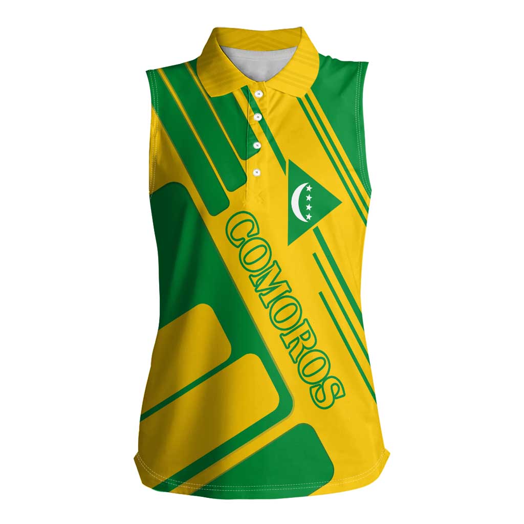 Comoros Flag Women Sleeveless Polo Shirt with Green and Yellow Design and National Emblem