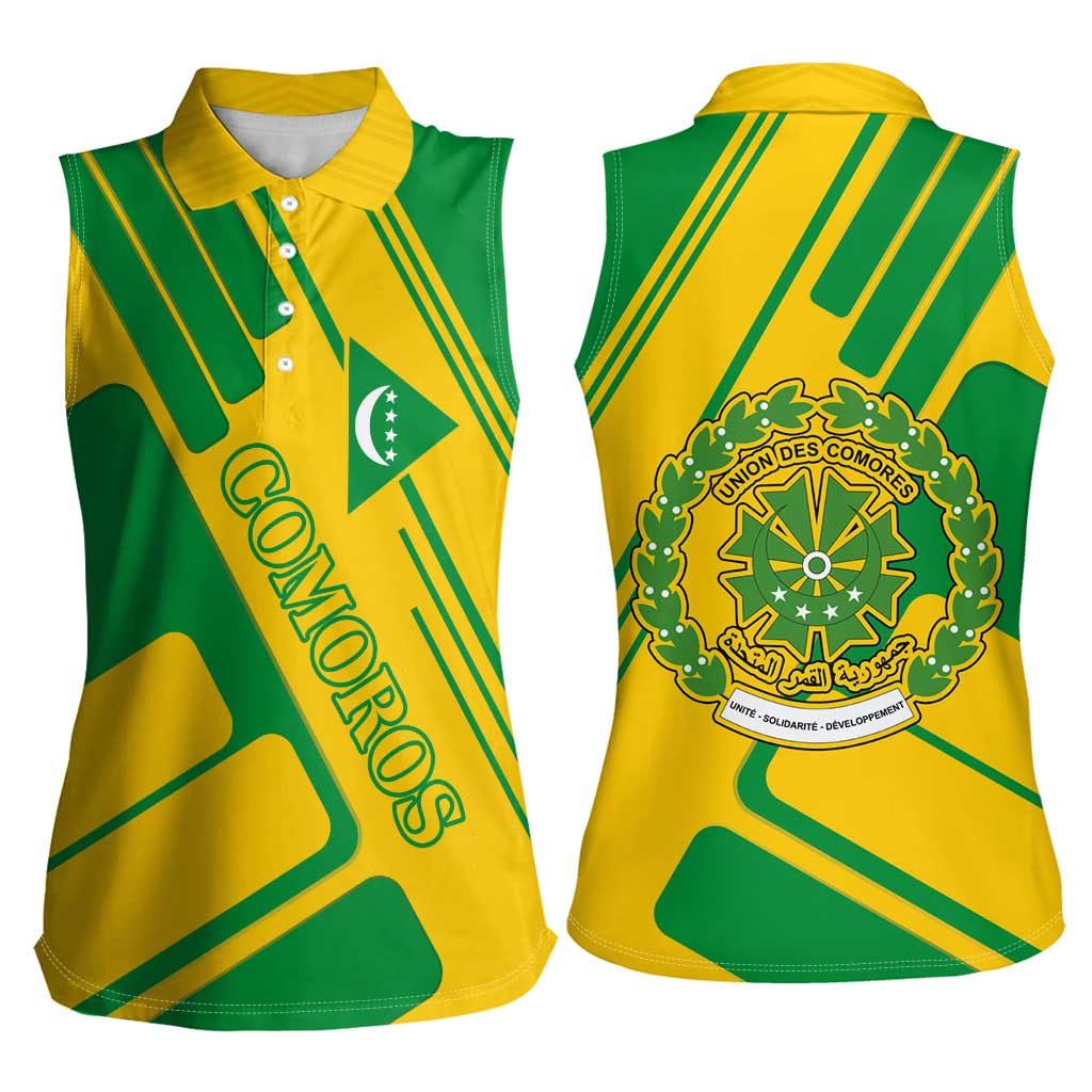 Comoros Flag Women Sleeveless Polo Shirt with Green and Yellow Design and National Emblem