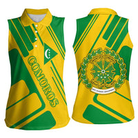 Comoros Flag Women Sleeveless Polo Shirt with Green and Yellow Design and National Emblem