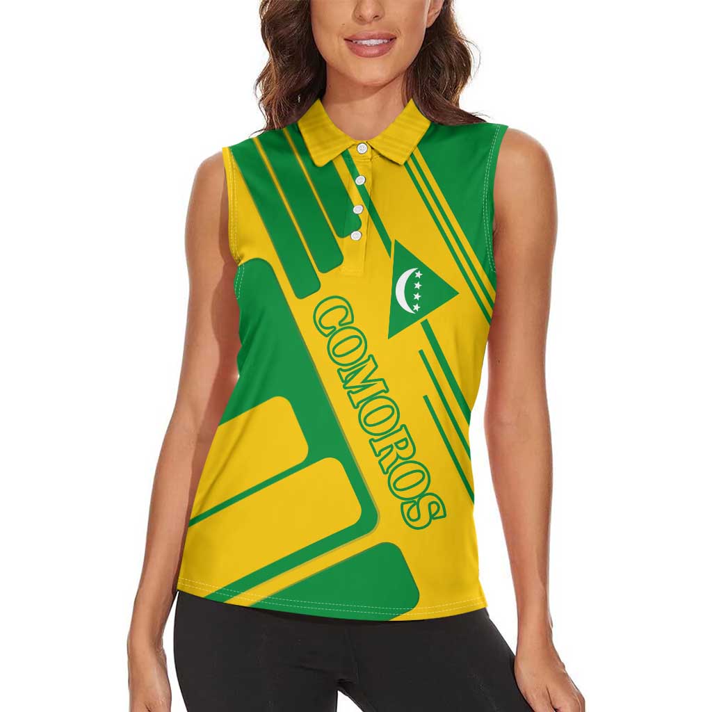 Comoros Flag Women Sleeveless Polo Shirt with Green and Yellow Design and National Emblem