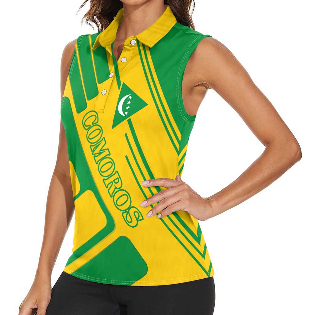 Comoros Flag Women Sleeveless Polo Shirt with Green and Yellow Design and National Emblem