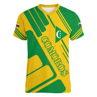 Comoros Flag Women V-Neck T-Shirt with Green and Yellow Design and National Emblem