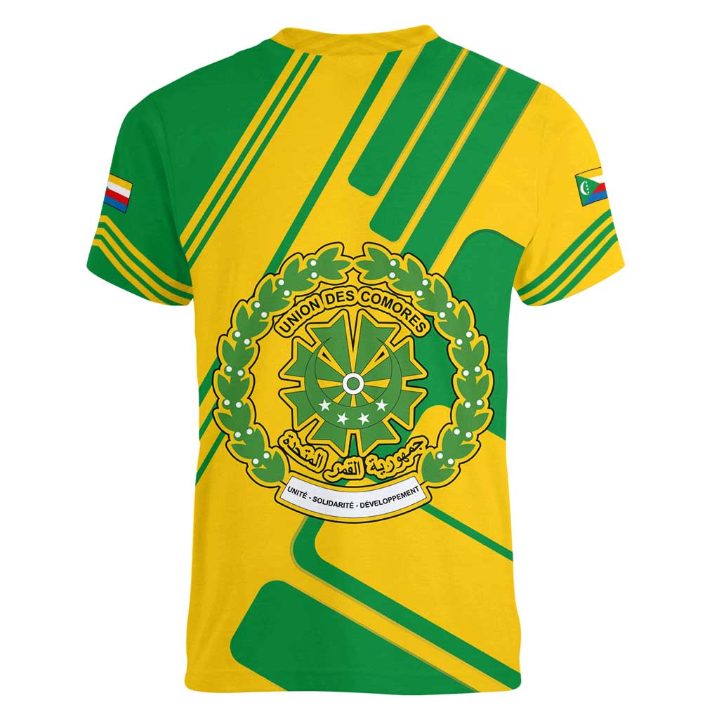 Comoros Flag Women V-Neck T-Shirt with Green and Yellow Design and National Emblem