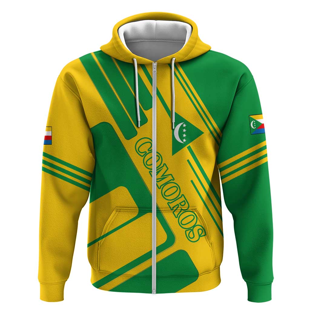 Comoros Flag Zip Hoodie with Green and Yellow Design and National Emblem