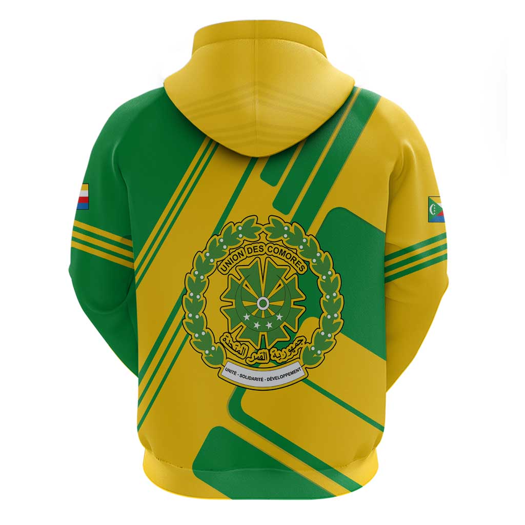 Comoros Flag Zip Hoodie with Green and Yellow Design and National Emblem