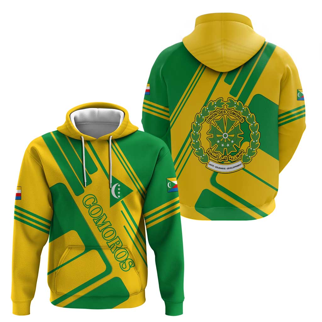 Comoros Flag Zip Hoodie with Green and Yellow Design and National Emblem