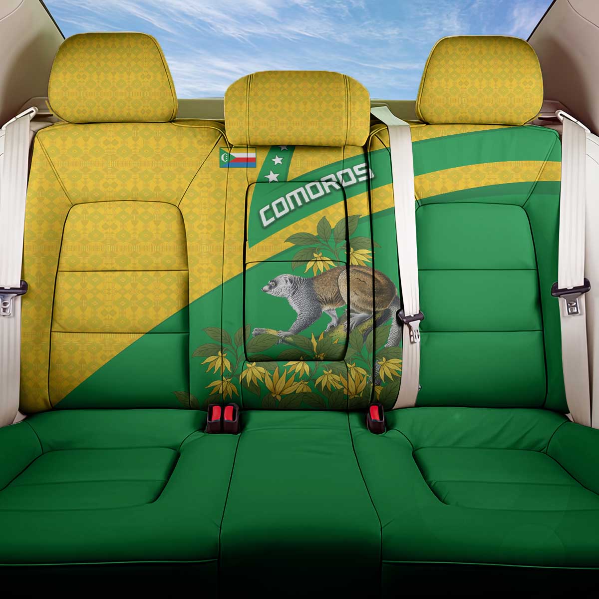 Comoros Back Car Seat Cover with National Flag Lemur Design and Ylang Ylang Flower Pattern