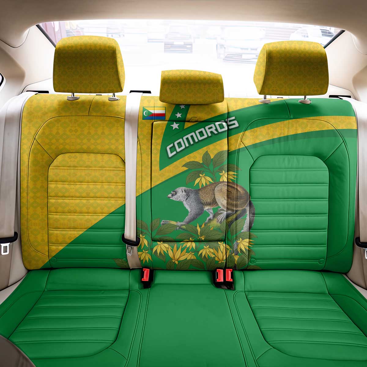 Comoros Back Car Seat Cover with National Flag Lemur Design and Ylang Ylang Flower Pattern