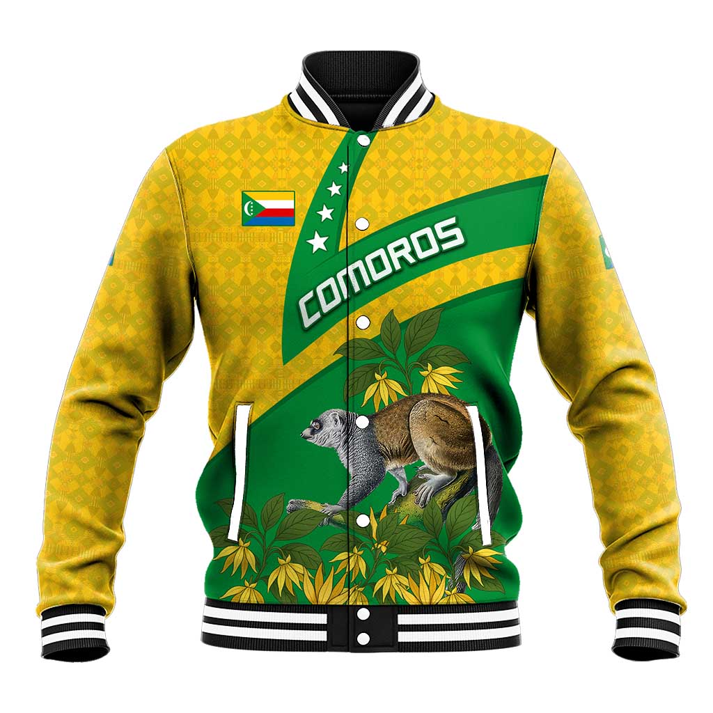 Comoros Baseball Jacket with National Flag Lemur Design and Ylang Ylang Flower Pattern