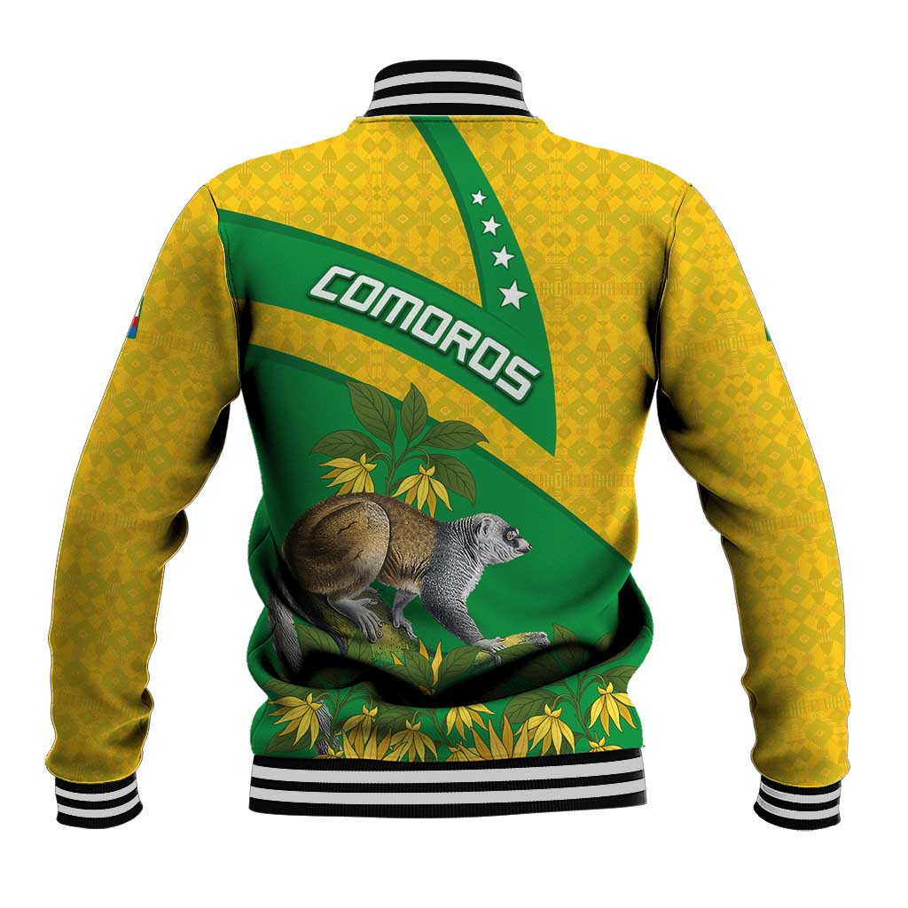 Comoros Baseball Jacket with National Flag Lemur Design and Ylang Ylang Flower Pattern
