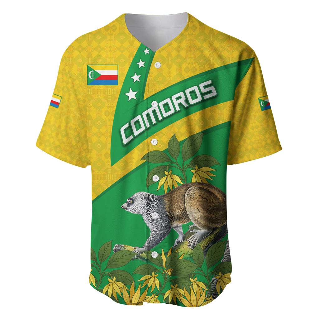 Comoros Baseball Jersey with National Flag Lemur Design and Ylang Ylang Flower Pattern