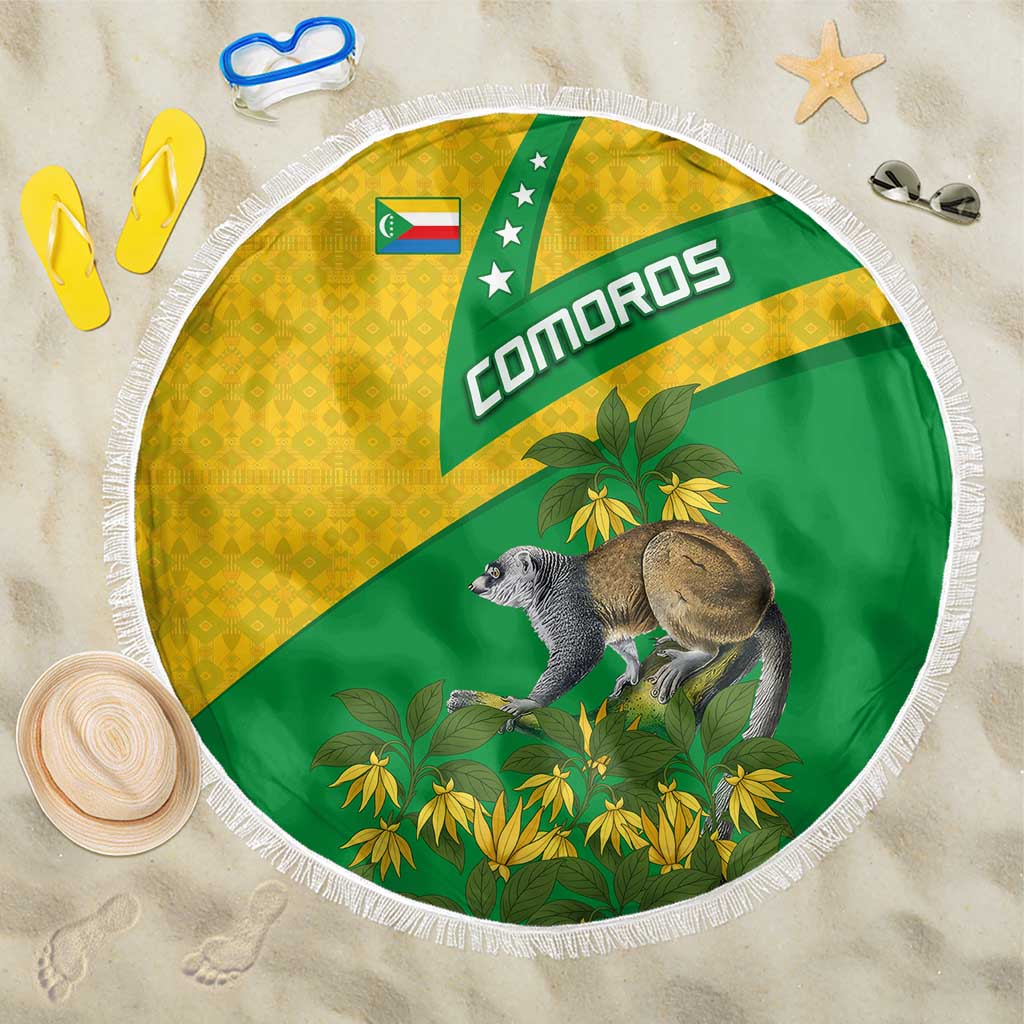 Comoros Beach Blanket with National Flag Lemur Design and Ylang Ylang Flower Pattern