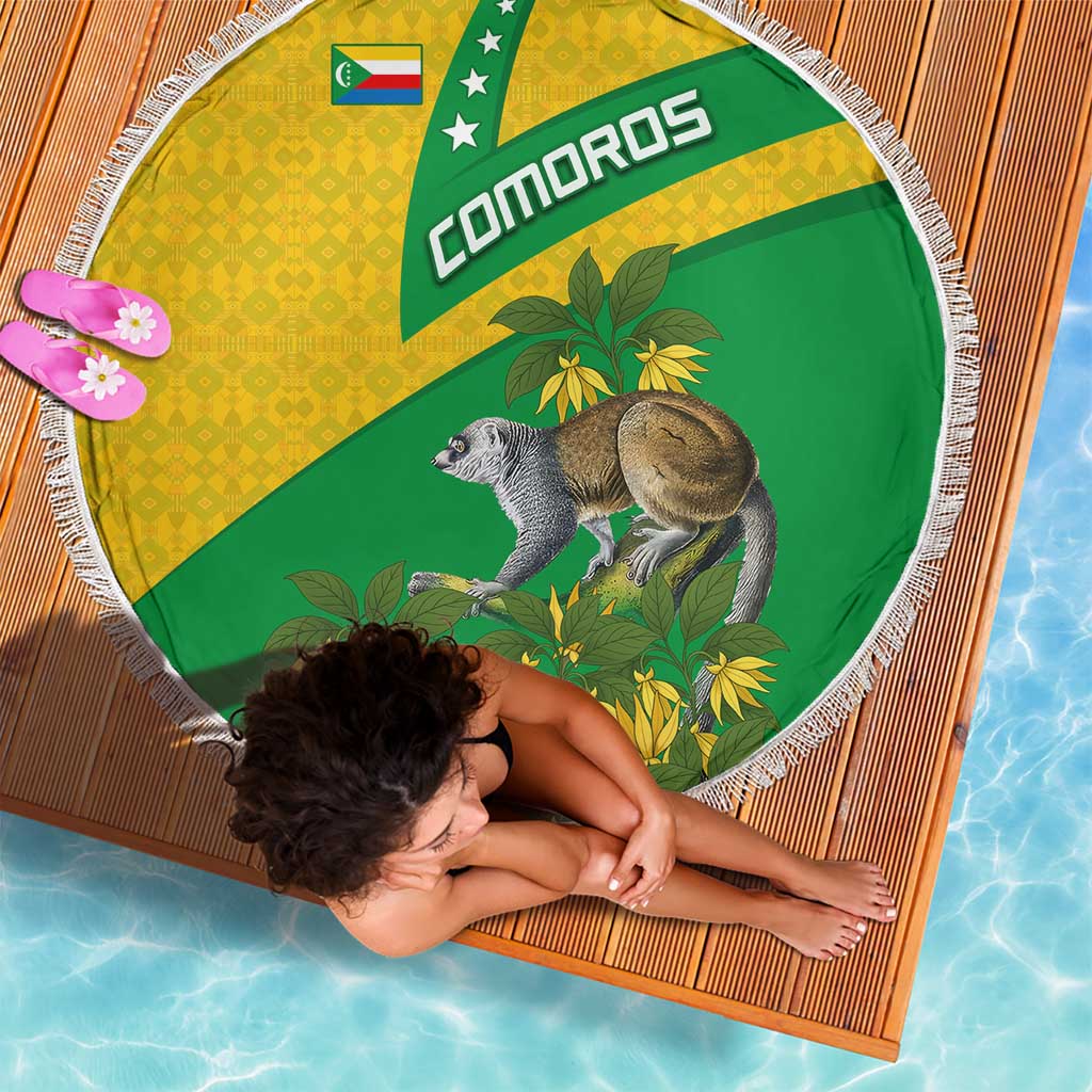 Comoros Beach Blanket with National Flag Lemur Design and Ylang Ylang Flower Pattern