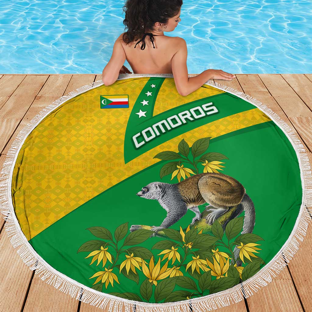 Comoros Beach Blanket with National Flag Lemur Design and Ylang Ylang Flower Pattern