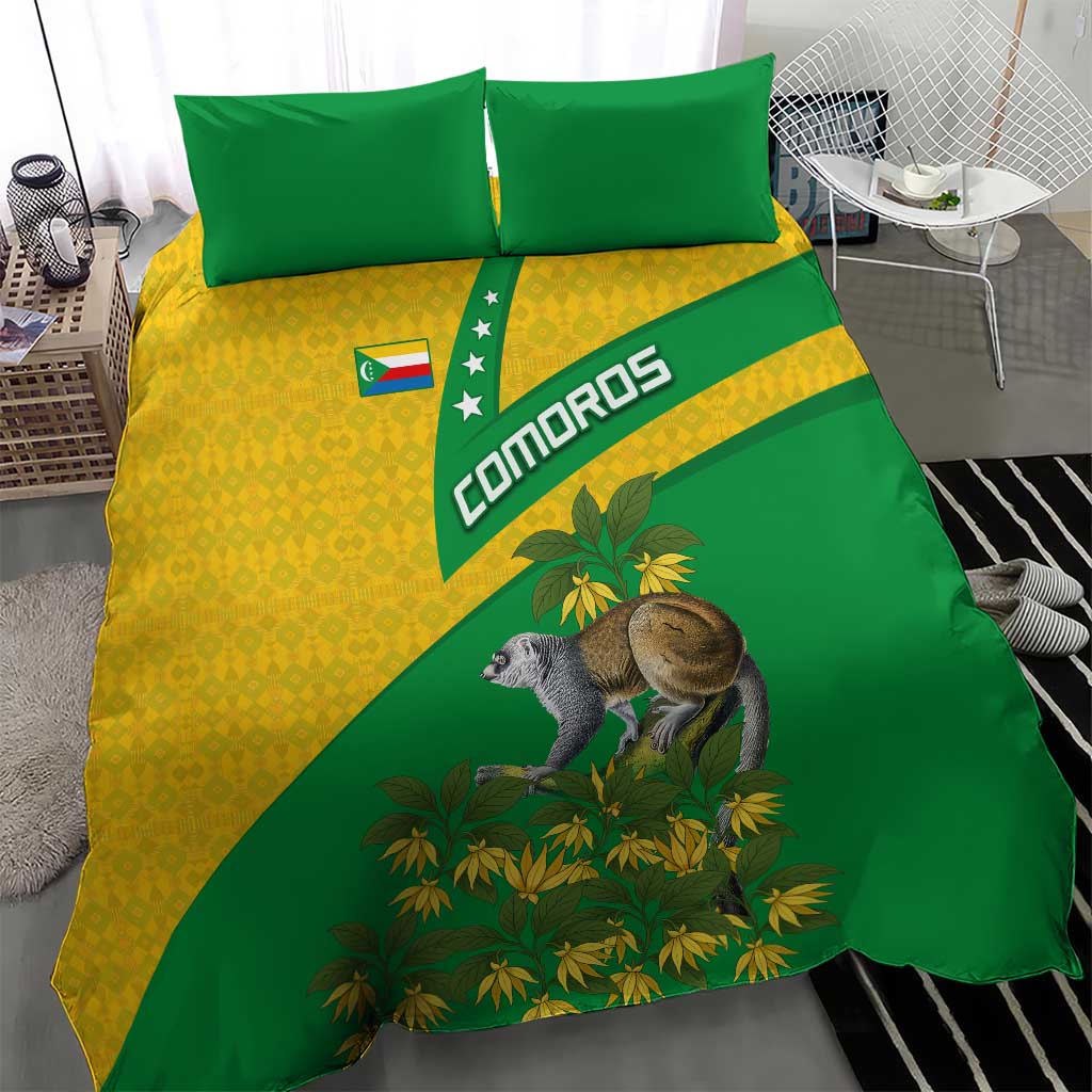 Comoros Bedding Set with National Flag Lemur Design and Ylang Ylang Flower Pattern