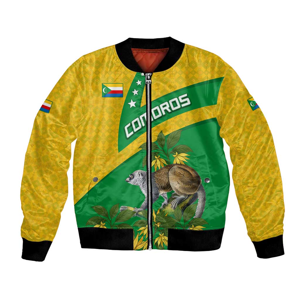 Comoros Bomber Jacket with National Flag Lemur Design and Ylang Ylang Flower Pattern