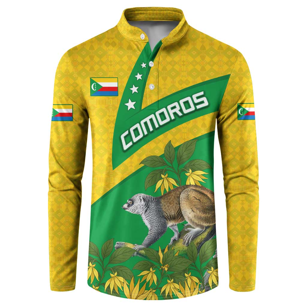 Comoros Button Sweatshirt with National Flag Lemur Design and Ylang Ylang Flower Pattern