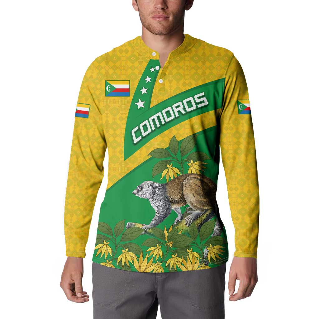 Comoros Button Sweatshirt with National Flag Lemur Design and Ylang Ylang Flower Pattern