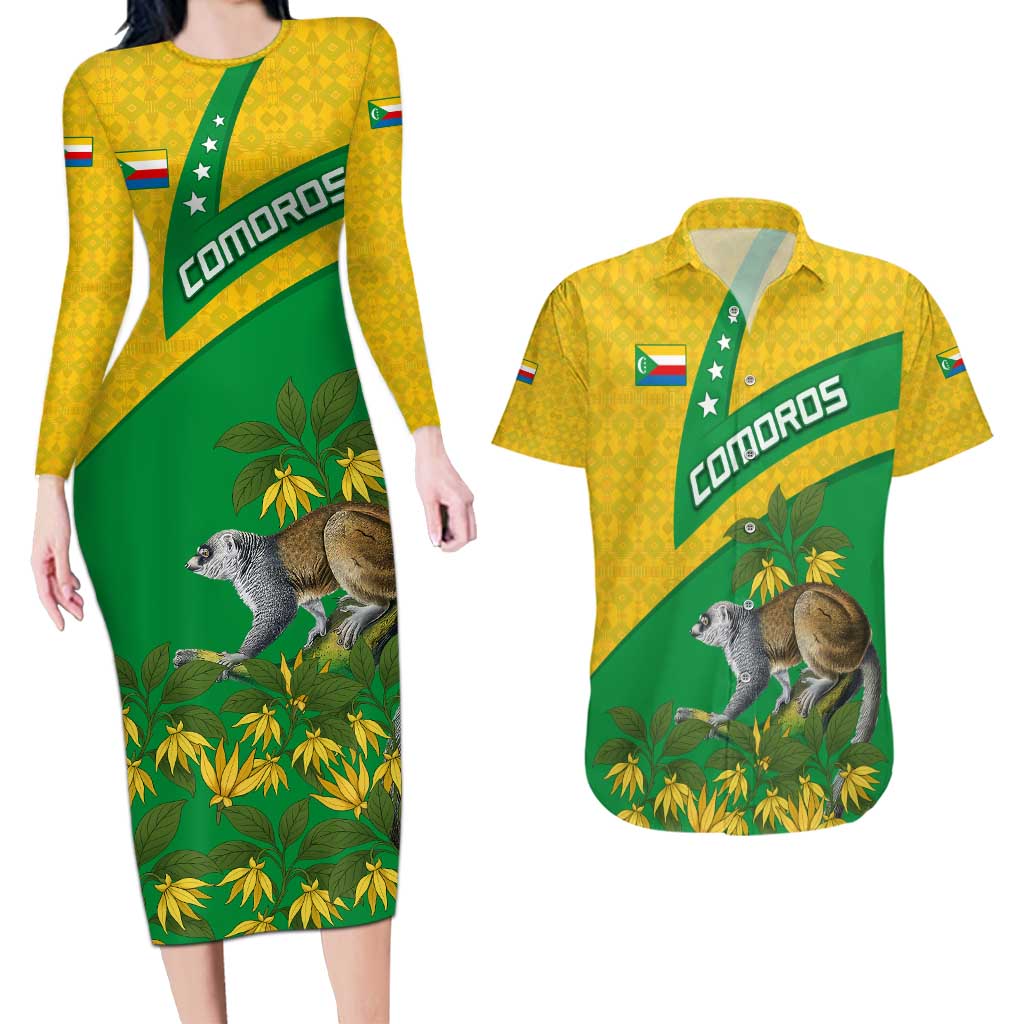 Comoros Couples Matching Long Sleeve Bodycon Dress and Hawaiian Shirt with National Flag Lemur Design and Ylang Ylang Flower Pattern