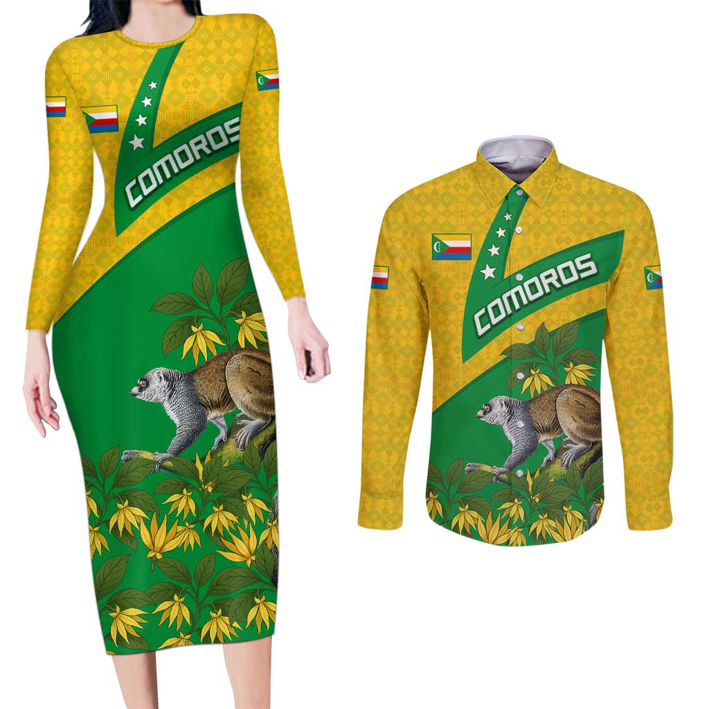 Comoros Couples Matching Long Sleeve Bodycon Dress and Long Sleeve Button Shirt with National Flag Lemur Design and Ylang Ylang Flower Pattern