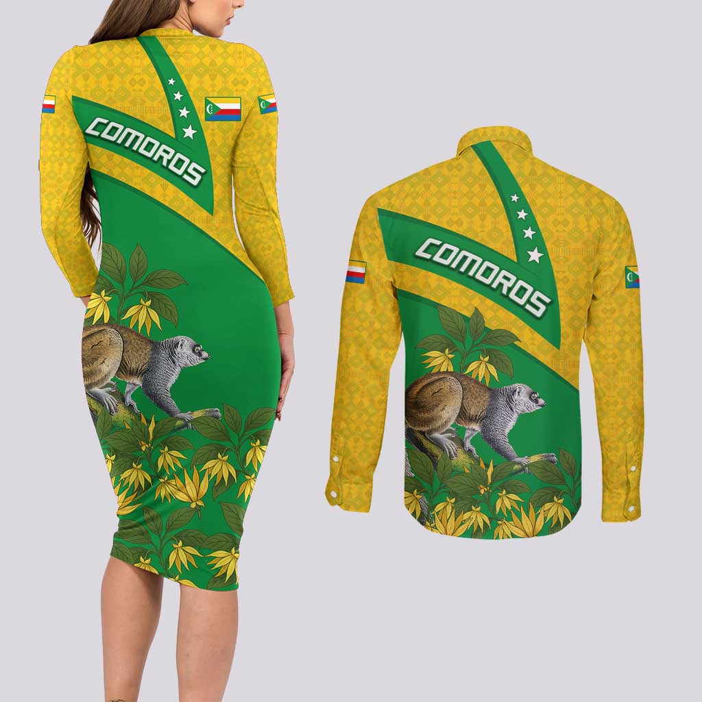 Comoros Couples Matching Long Sleeve Bodycon Dress and Long Sleeve Button Shirt with National Flag Lemur Design and Ylang Ylang Flower Pattern