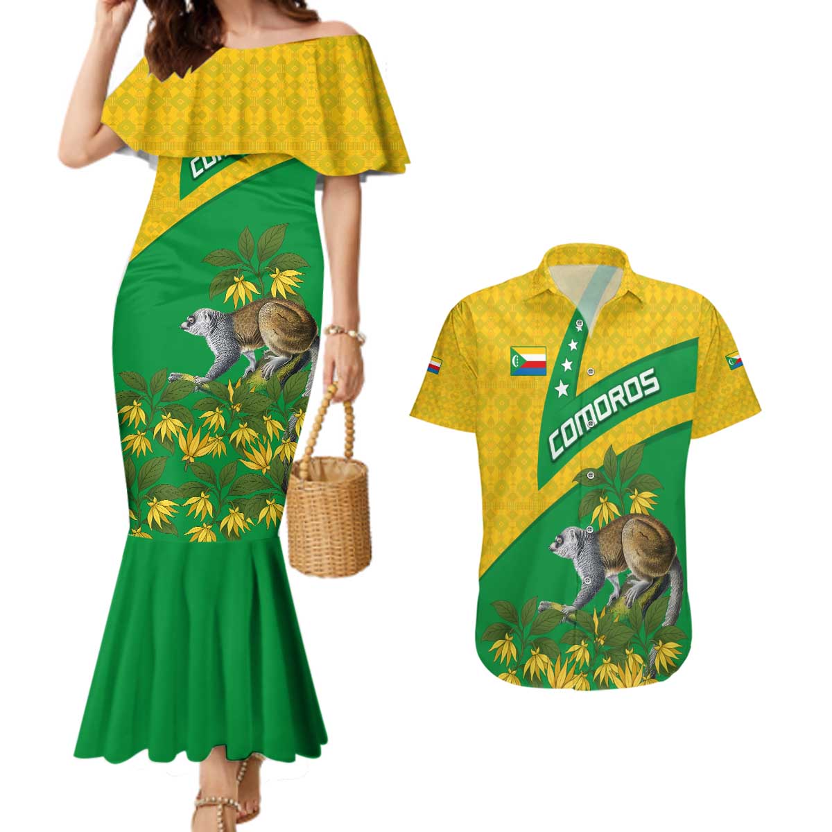 Comoros Couples Matching Mermaid Dress and Hawaiian Shirt with National Flag Lemur Design and Ylang Ylang Flower Pattern