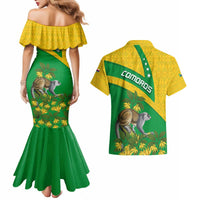 Comoros Couples Matching Mermaid Dress and Hawaiian Shirt with National Flag Lemur Design and Ylang Ylang Flower Pattern