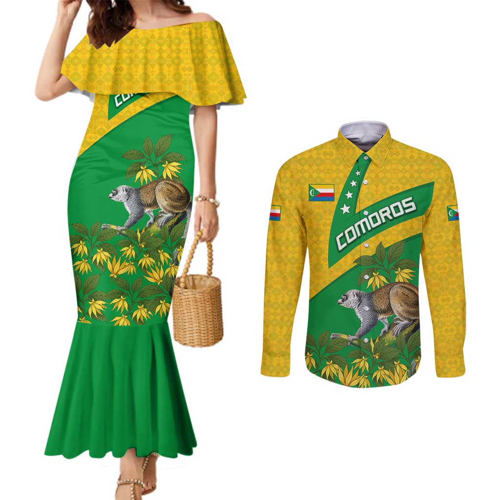 Comoros Couples Matching Mermaid Dress and Long Sleeve Button Shirt with National Flag Lemur Design and Ylang Ylang Flower Pattern