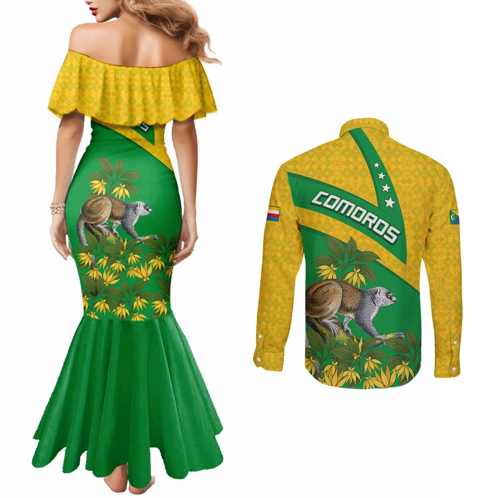Comoros Couples Matching Mermaid Dress and Long Sleeve Button Shirt with National Flag Lemur Design and Ylang Ylang Flower Pattern