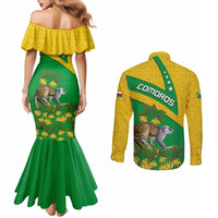 Comoros Couples Matching Mermaid Dress and Long Sleeve Button Shirt with National Flag Lemur Design and Ylang Ylang Flower Pattern