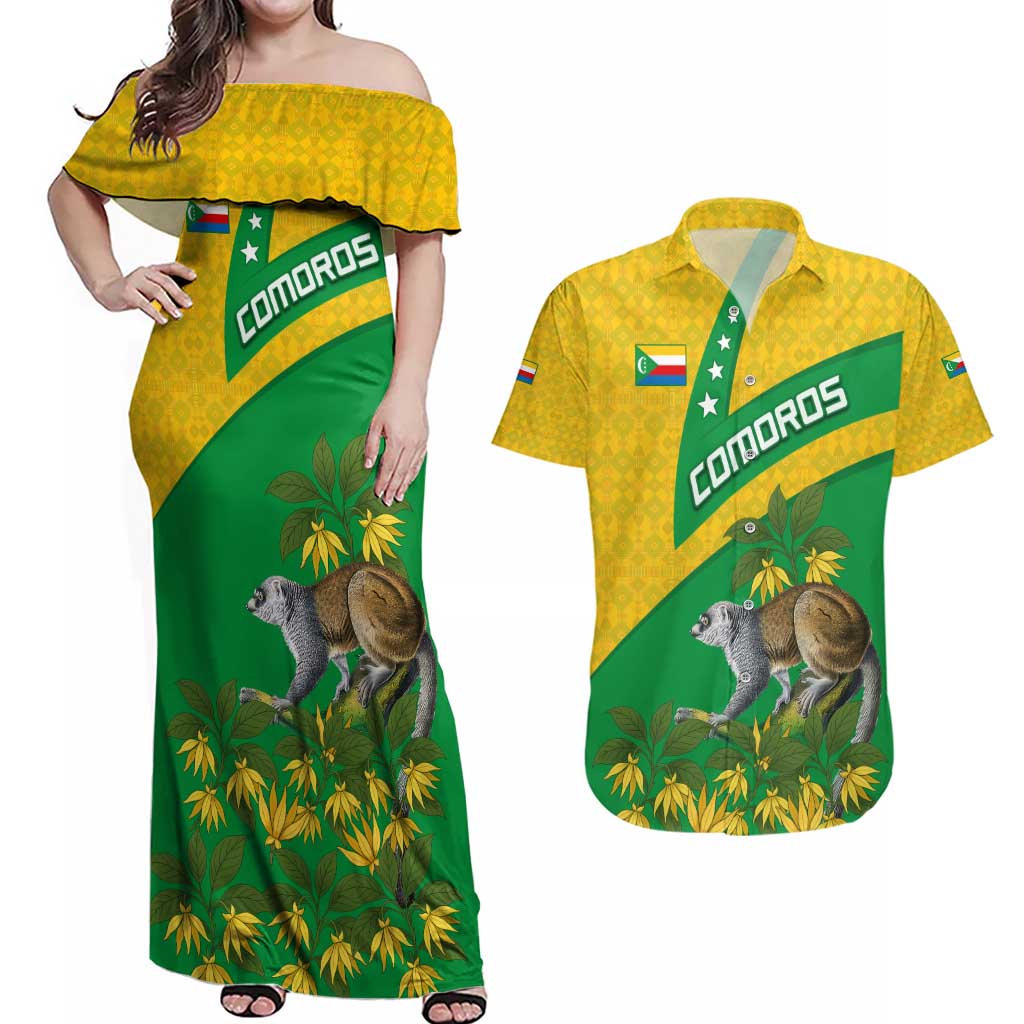 Comoros Couples Matching Off Shoulder Maxi Dress and Hawaiian Shirt with National Flag Lemur Design and Ylang Ylang Flower Pattern