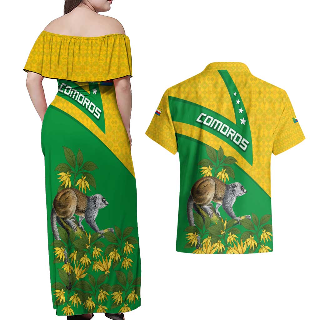 Comoros Couples Matching Off Shoulder Maxi Dress and Hawaiian Shirt with National Flag Lemur Design and Ylang Ylang Flower Pattern