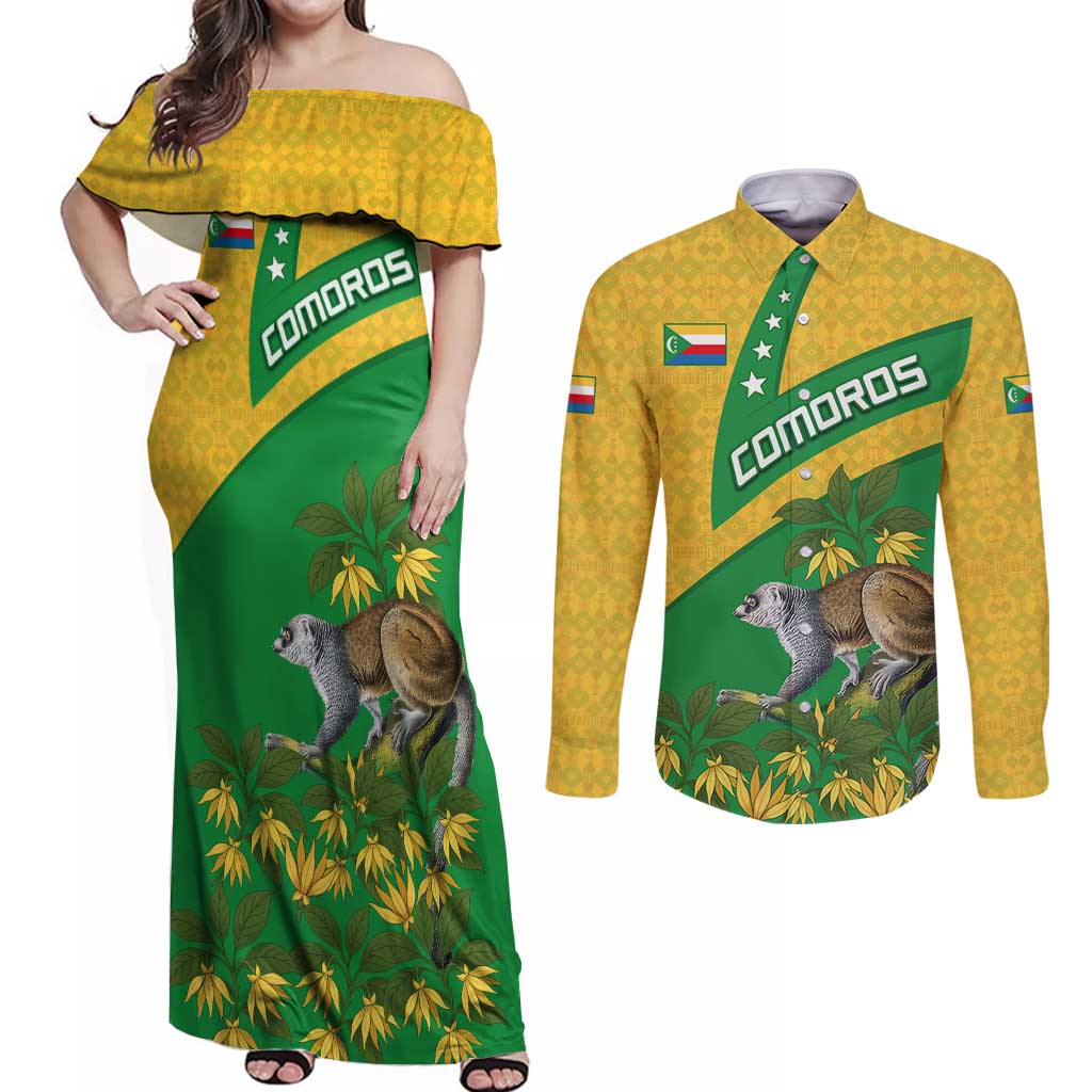 Comoros Couples Matching Off Shoulder Maxi Dress and Long Sleeve Button Shirt with National Flag Lemur Design and Ylang Ylang Flower Pattern