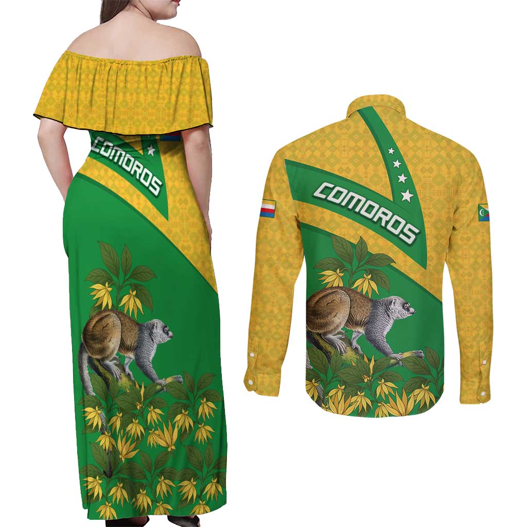 Comoros Couples Matching Off Shoulder Maxi Dress and Long Sleeve Button Shirt with National Flag Lemur Design and Ylang Ylang Flower Pattern