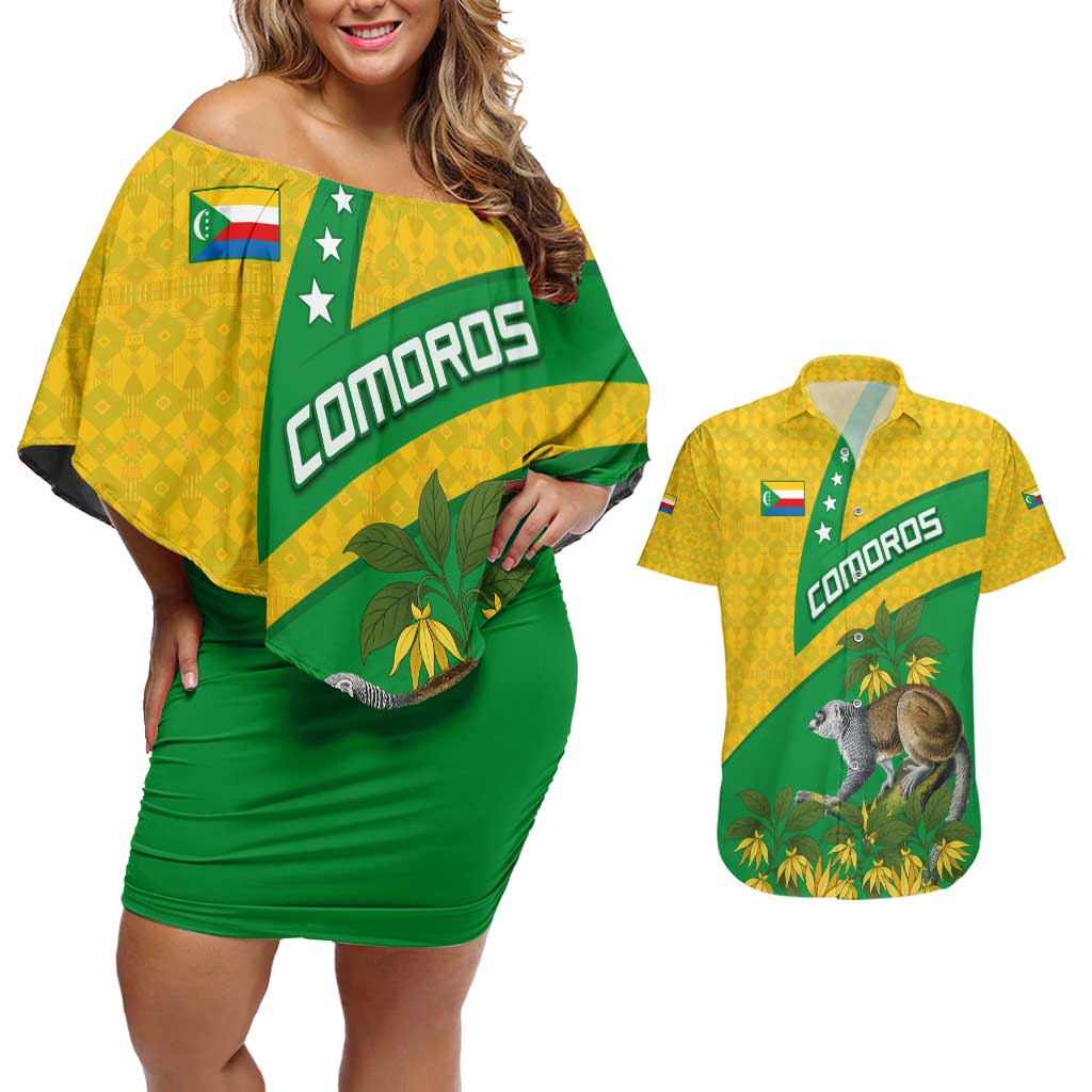 Comoros Couples Matching Off Shoulder Short Dress and Hawaiian Shirt with National Flag Lemur Design and Ylang Ylang Flower Pattern