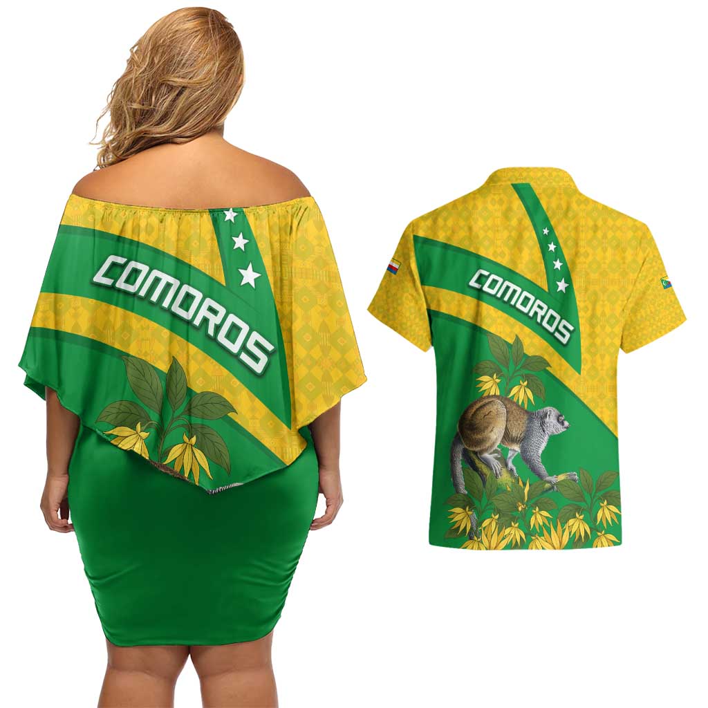 Comoros Couples Matching Off Shoulder Short Dress and Hawaiian Shirt with National Flag Lemur Design and Ylang Ylang Flower Pattern