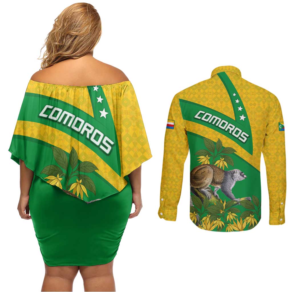 Comoros Couples Matching Off Shoulder Short Dress and Long Sleeve Button Shirt with National Flag Lemur Design and Ylang Ylang Flower Pattern