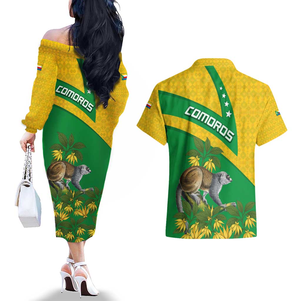 Comoros Couples Matching Off The Shoulder Long Sleeve Dress and Hawaiian Shirt with National Flag Lemur Design and Ylang Ylang Flower Pattern