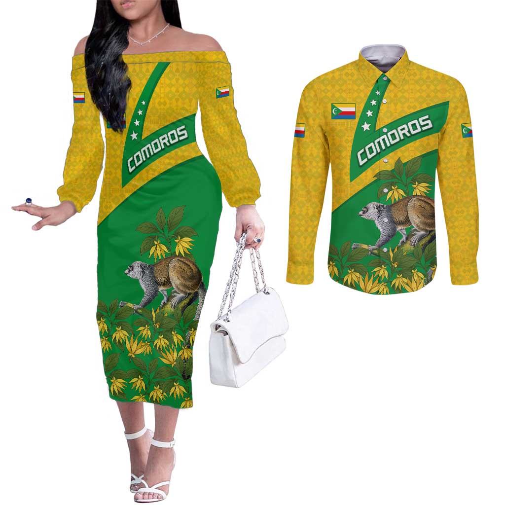 Comoros Couples Matching Off The Shoulder Long Sleeve Dress and Long Sleeve Button Shirt with National Flag Lemur Design and Ylang Ylang Flower Pattern